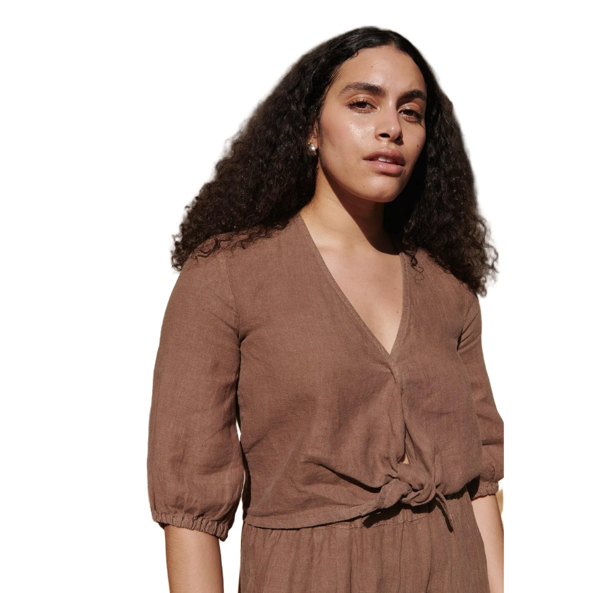 First Rite Women's‎ Brown Linen Tie Front V - Image 2