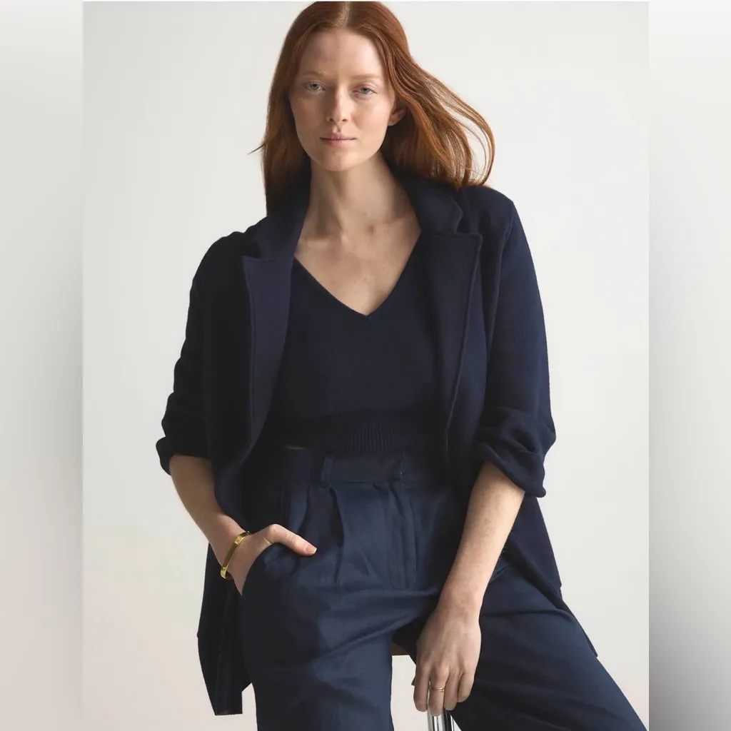 Quince 100% Organic Cotton Knit Blazer – Navy Blue - Size Small - Image 2
