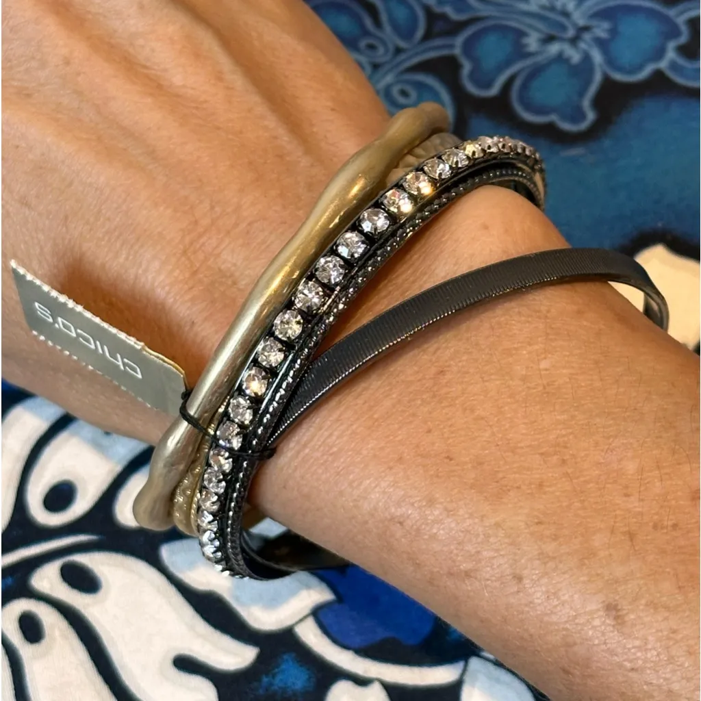 B51. Chico's Gold Black Rhinestone Multi Bangle Bracelet stack NWT - Image 3
