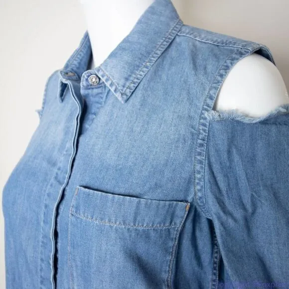 7 For All Mankind Women's Long Sleeve Cold‎ Shoulder Denim Shirt, size S - Image 14