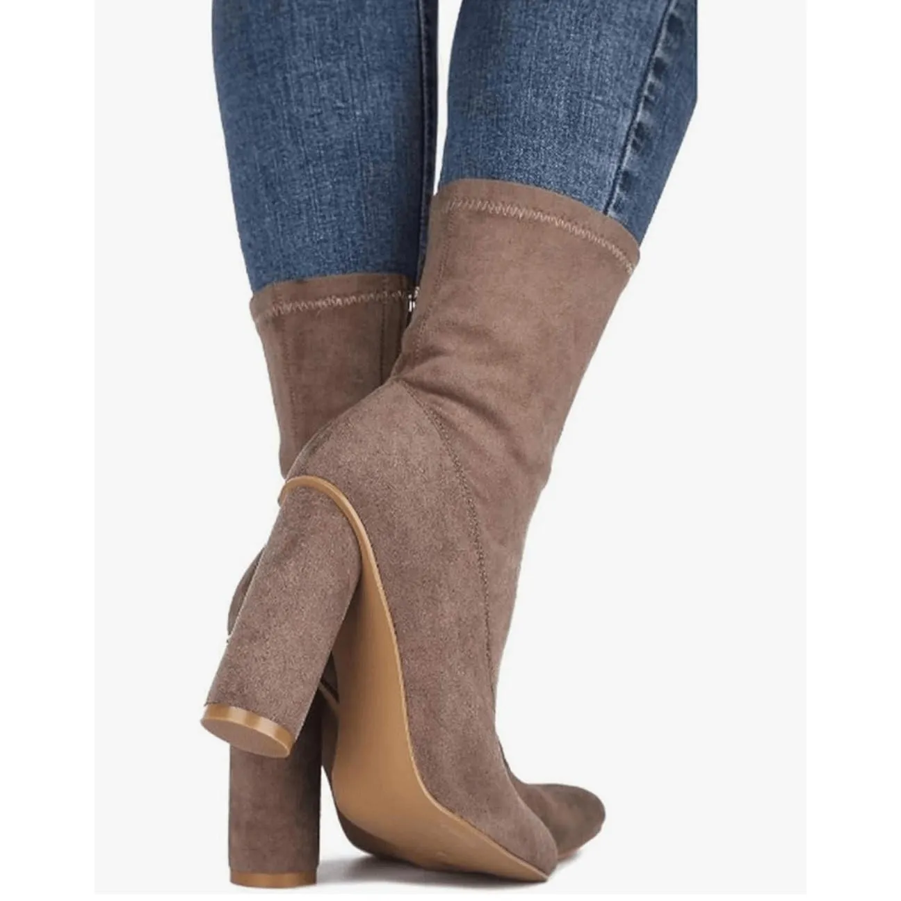 Cape Robbin Womens Taupe Ankle Boots Chunky Block Heel Pointed Toe Suede - Image 3