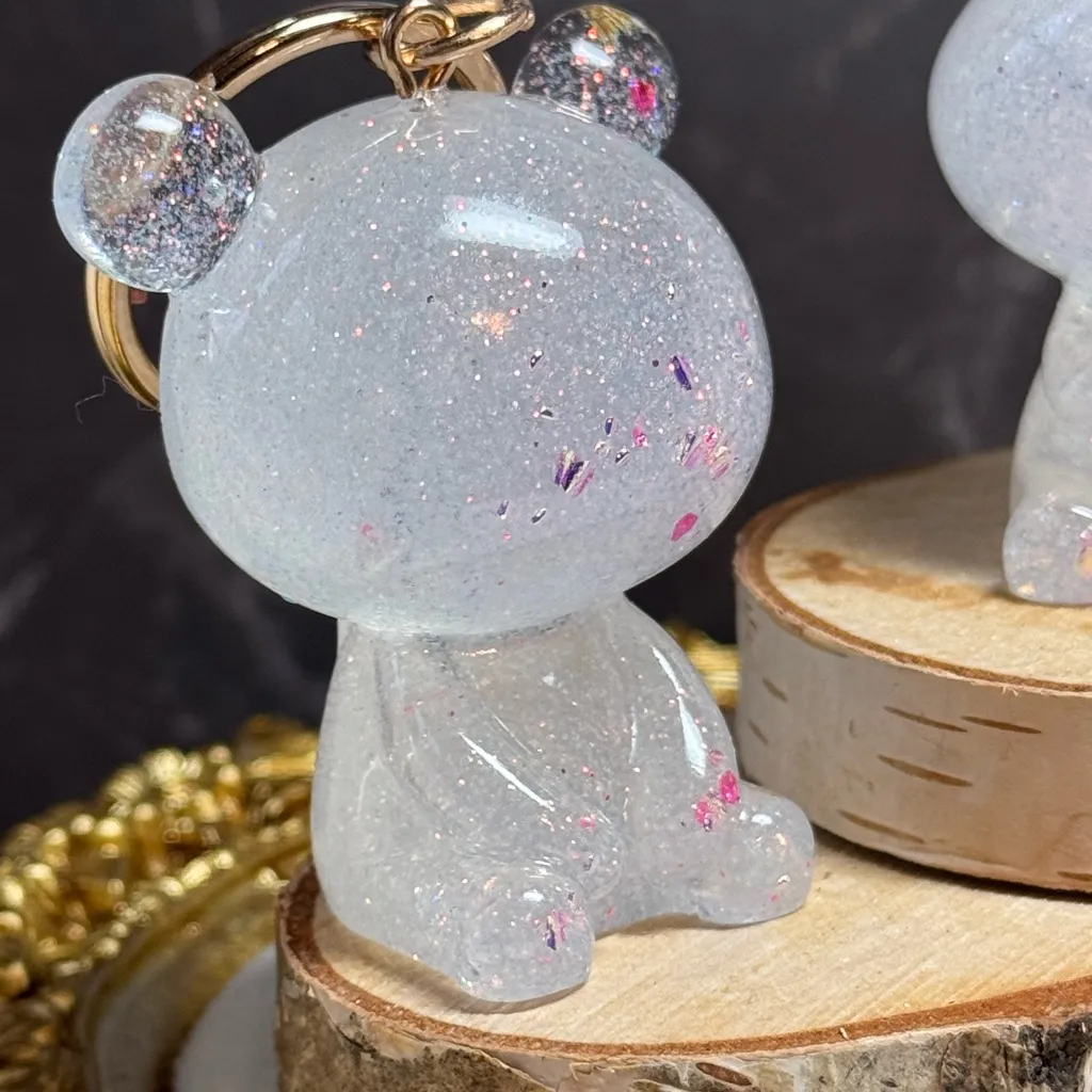 Glittery Resin Animal Keychains, Rabbit, Deer, Bear with pink glitter, gold - Image 3