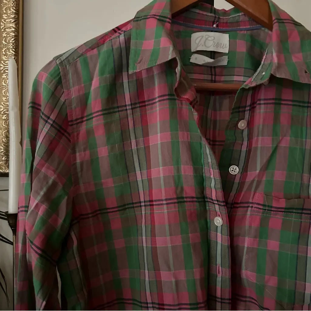 J. Crew Classic-fit Popover In Crinkle Plaid Blouse Pink Green Cotton Top Size 6 - Image 5