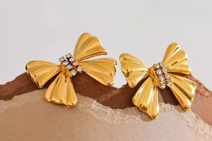 Boutique Korean Vintage Bow Knot Cubic Zircon Gold Stud Earrings - Image 2