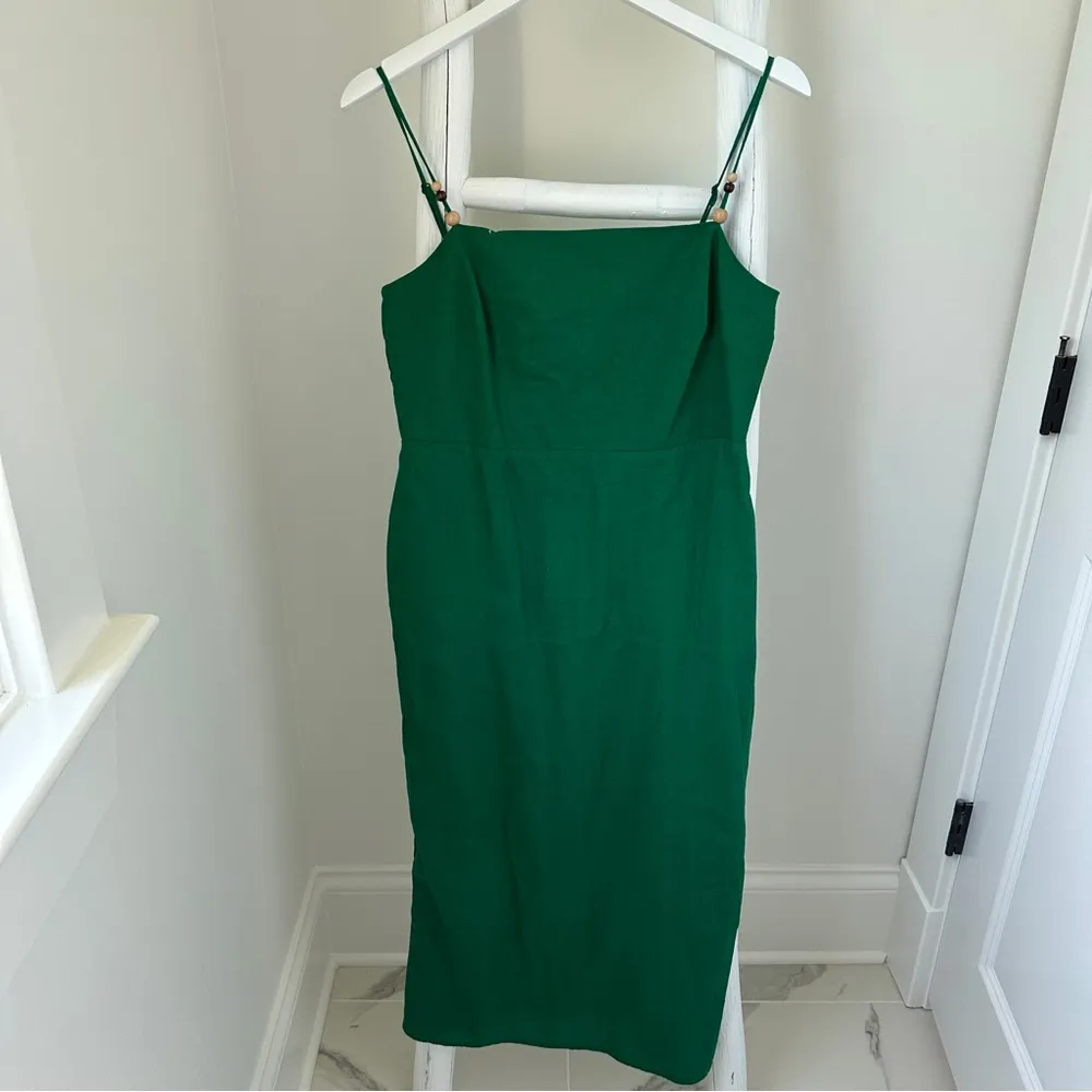 Rachel Zoe Green Linen Blend Square Neck Midi Dress W Wooden Beads Size Medium - Image 2