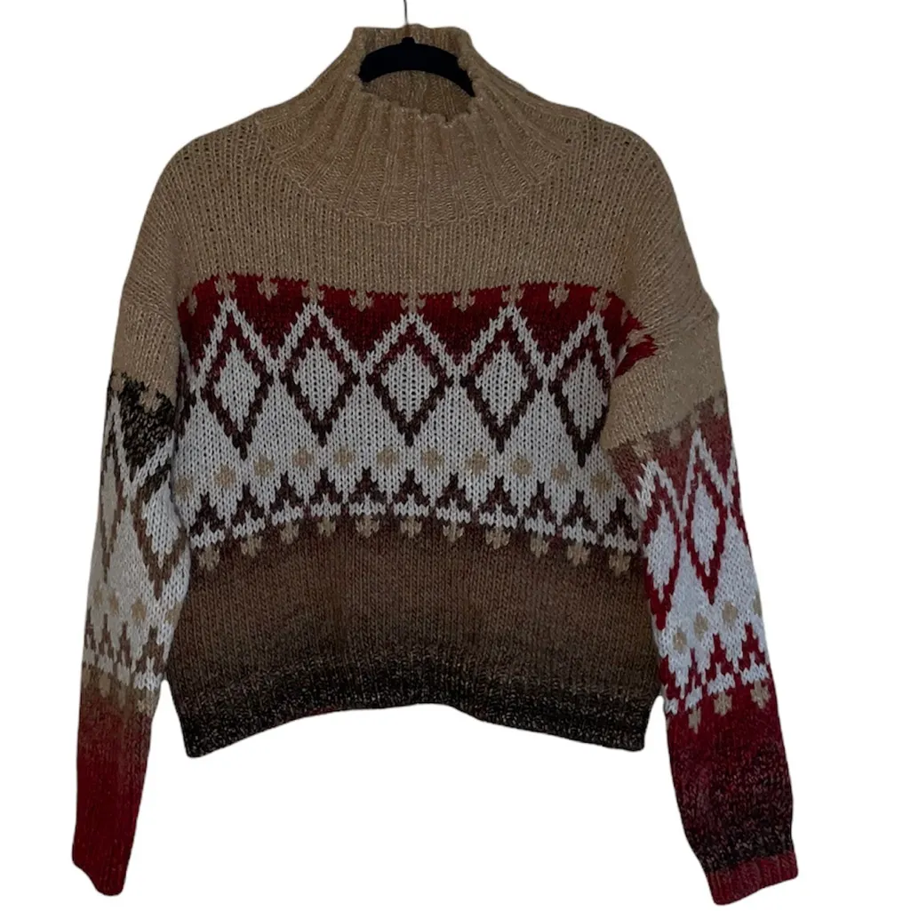 NWT Elsamanda Made in Italy Boucle Aztec Argyle Sweater Alpaca Wool Blend Tan Size M - Image 12