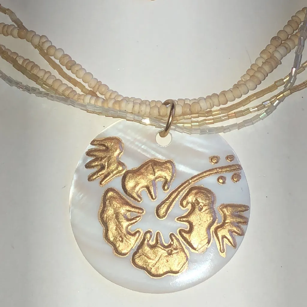 Elegant Gold Tone and Cream Pendant Wooden Beaded Boho Necklace - Image 2