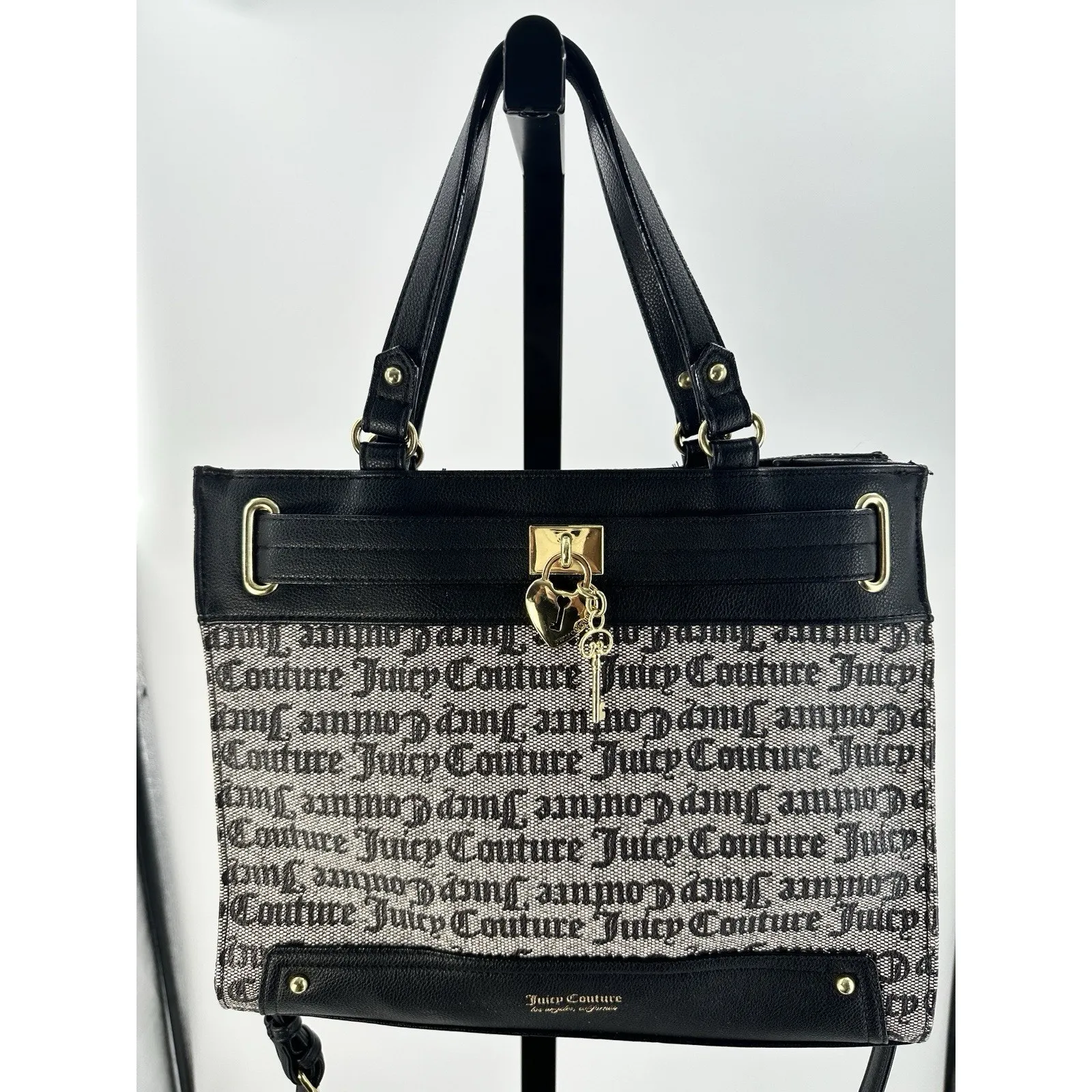 Juicy Couture Black Monogram Tote Shoulder Bag Gold Heart Lock Key Charm Purse - Image 3