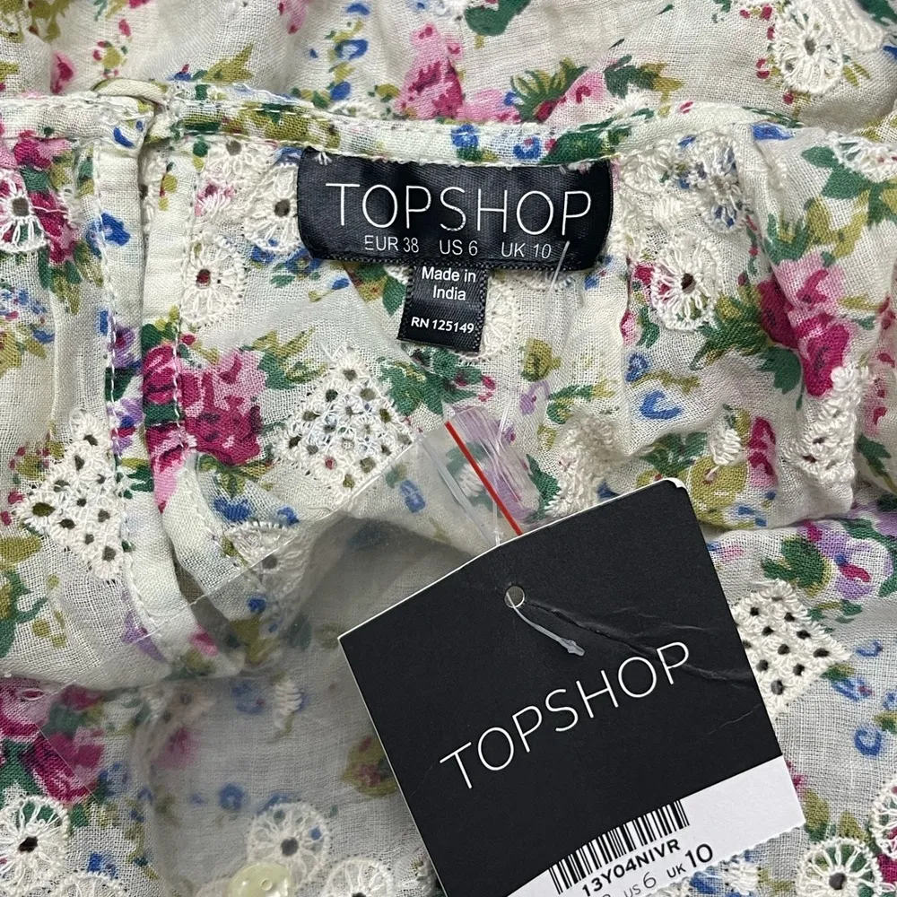 Topshop Flutter Sleeve Smocked embroidered top Blouse in Cream and Pink floral - Image 3