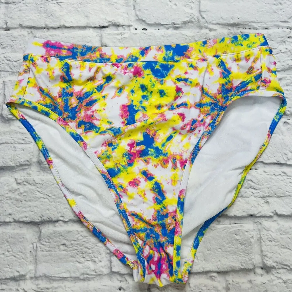 Jessica Simpson High Waist Bikini Bottoms White Tie Dye Size L New Pink Blue - Image 2