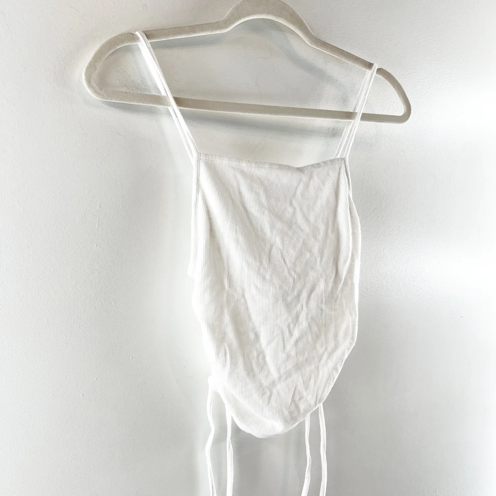 Aerie Square Neck Ribbed Side Ruched Tie Cropped Tank Top Cami White XS - Image 7