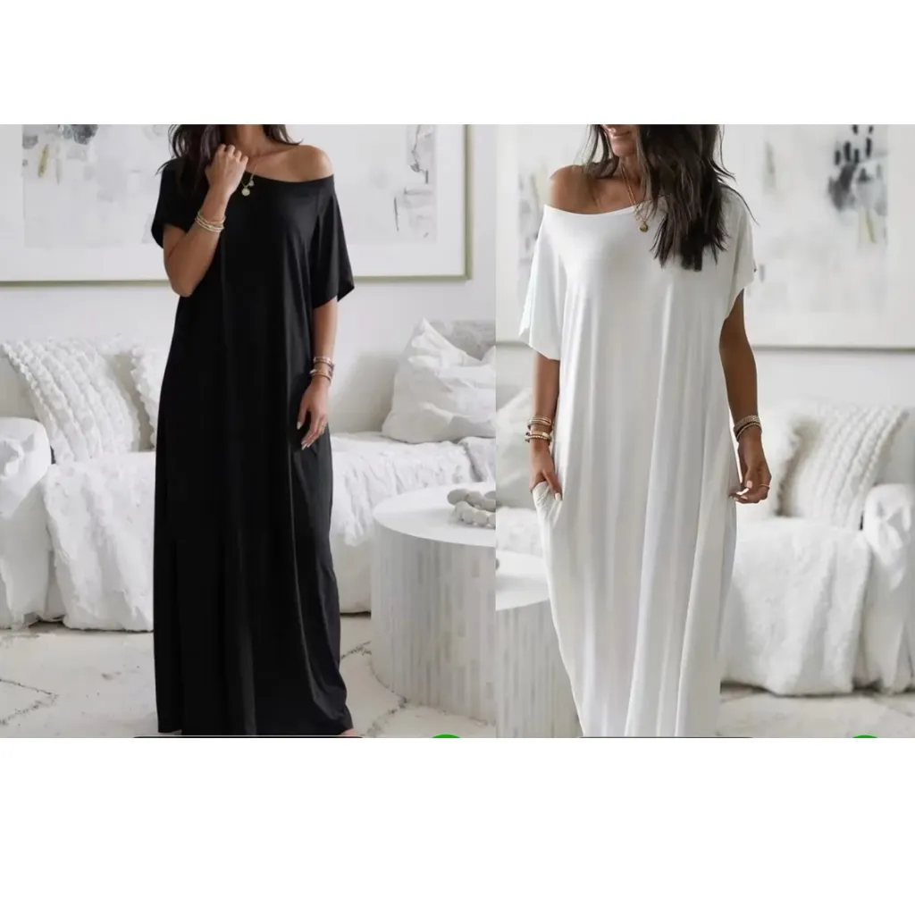 Two Women's Off Shoulder Maxi Dress Casual Loose Fit Black White S M L XL Size L - Image 2
