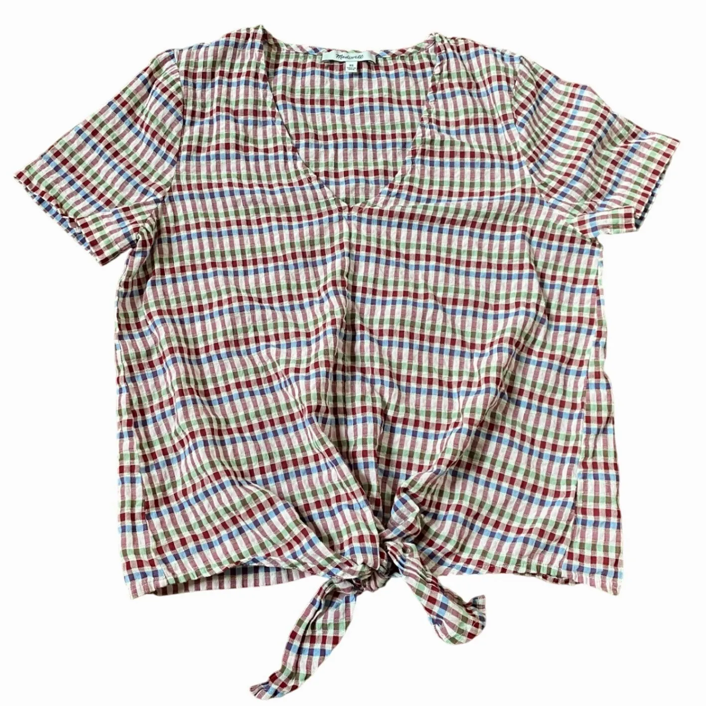 Madewell Tie-Front Rainbow Pink Gingham Plaid Blouse‎ Top XS - EUC - Image 3
