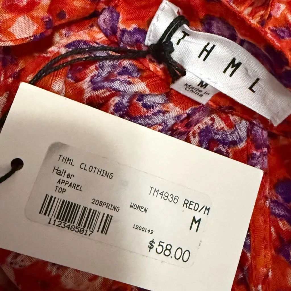 219 NWT THML Moroccan Red and Blue Patterned Top with Yellow Fringe Size Medium - Image 3