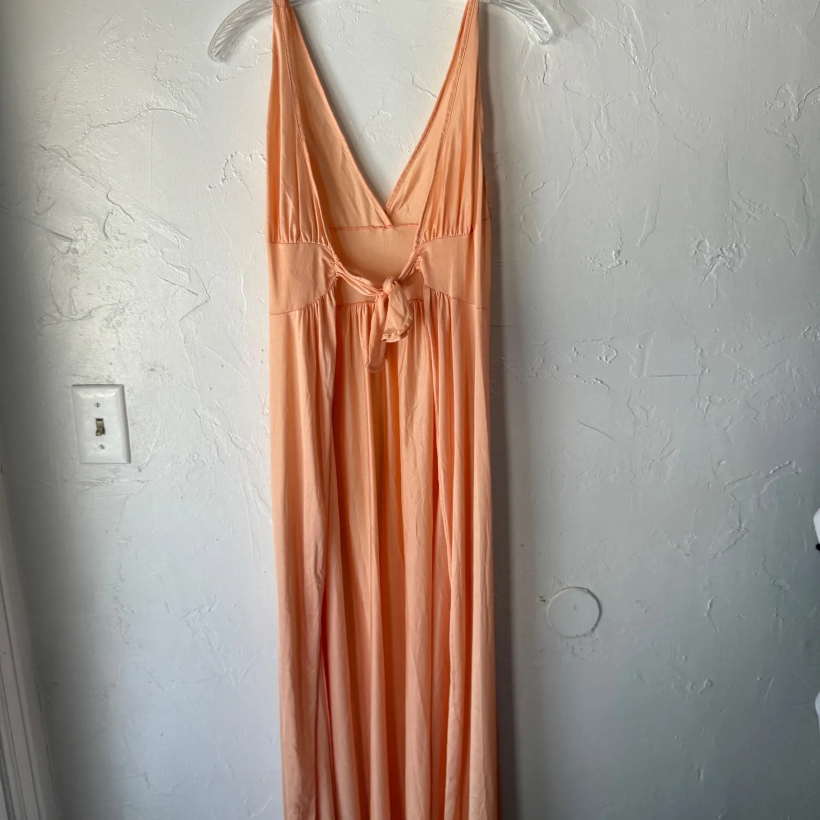 Cattani of California Vintage 70s Peach Maxi Dress Nightgown V Neck Tie Back USA Orange Size M - Image 7