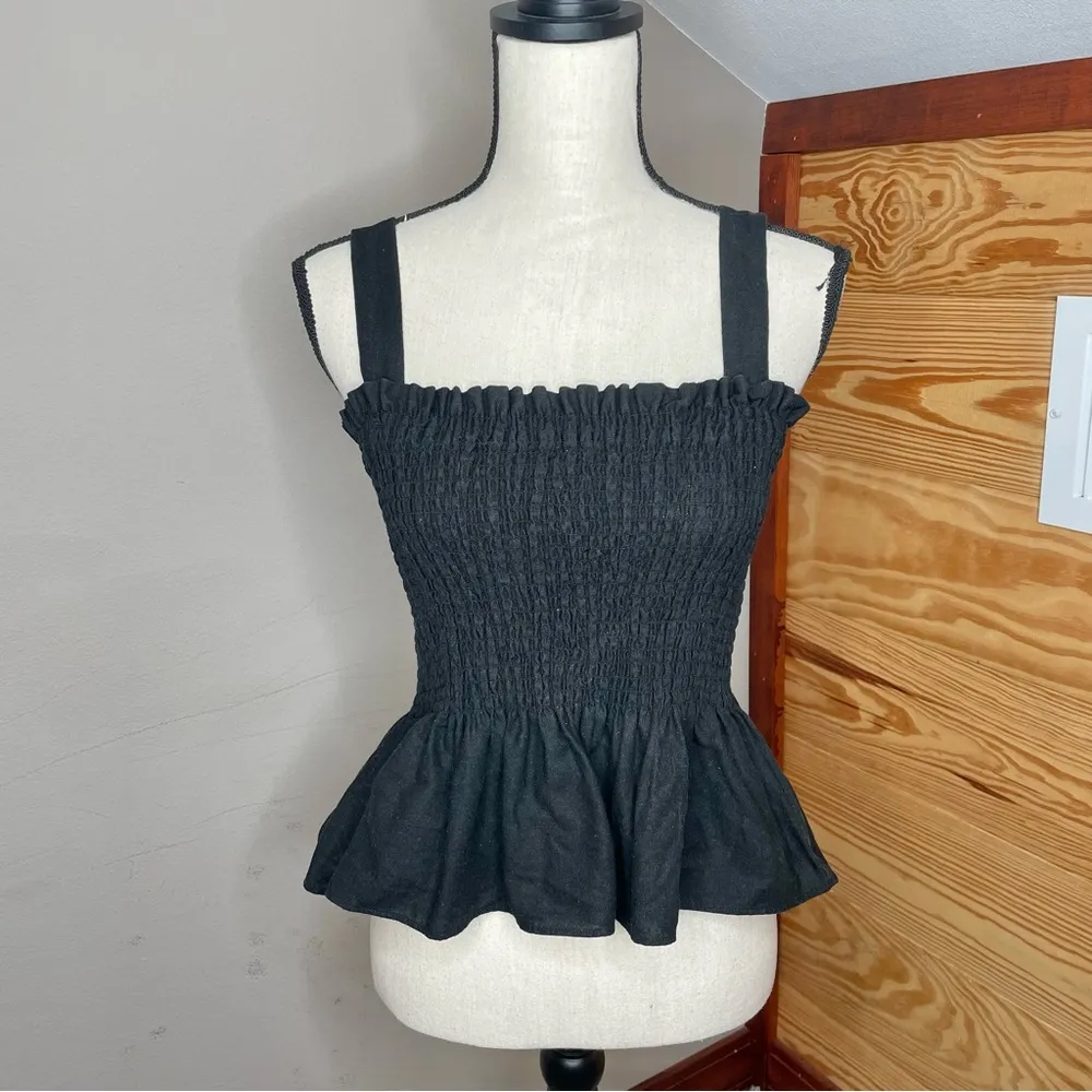 Socialite Black Linen Blend Sleeveless Smocked Peplum Tank Top Extra Small - Image 2