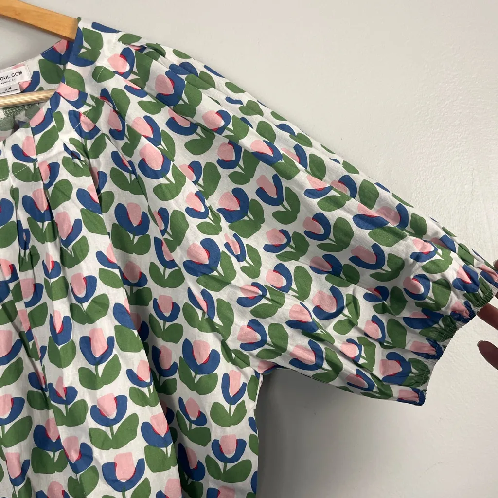 Chic soul block print white green blue pink puff sleeve blouse size 3X - Image 5