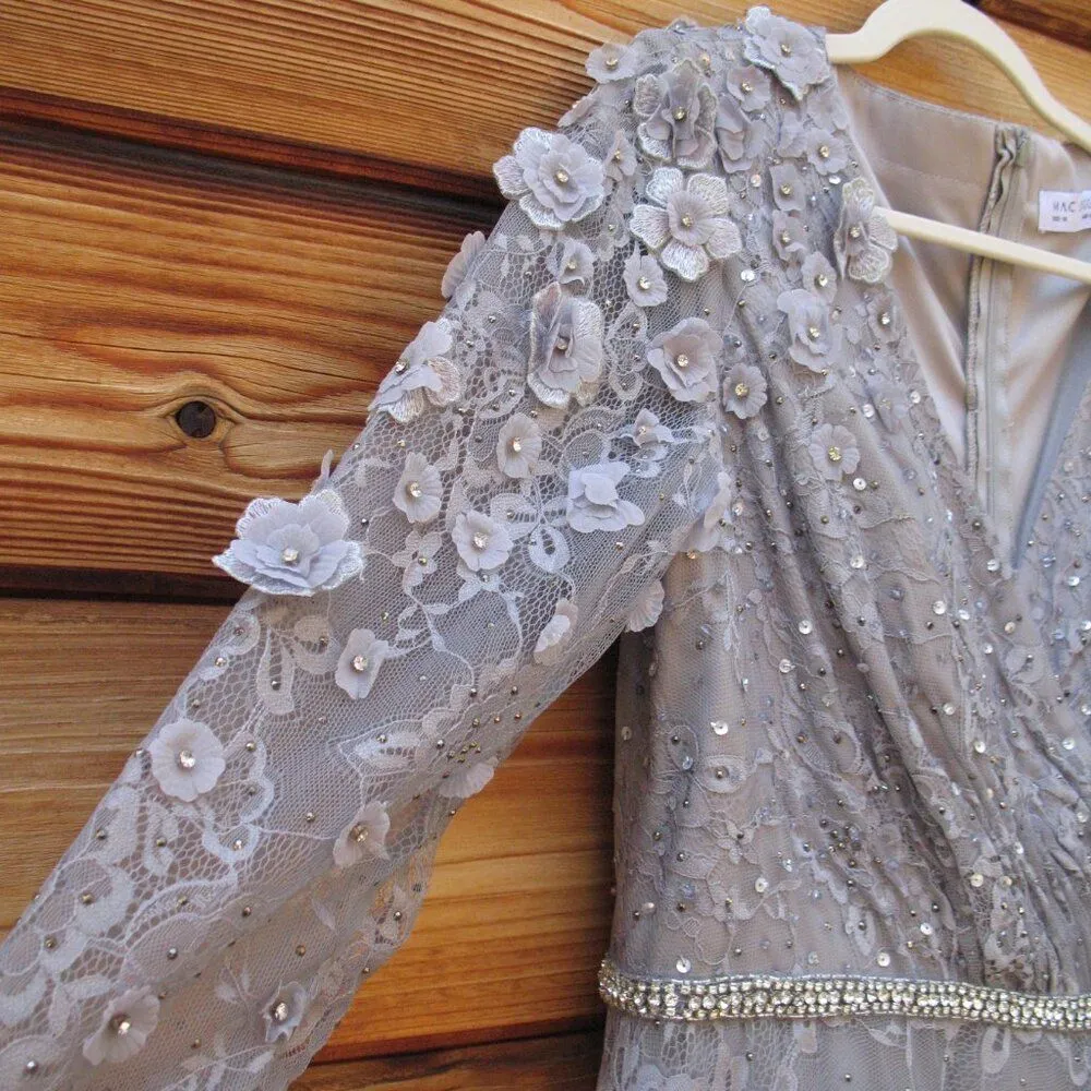 MAC DUGGAL 67387 Gray Floral Embellished Lace A-Line Cocktail Dress - Image 10