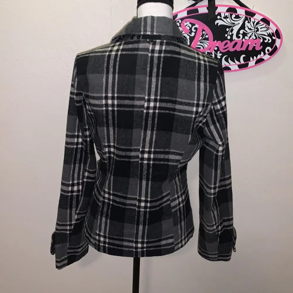 Aviva  premium black grey plaid wool blend winter peacoat - Image 7