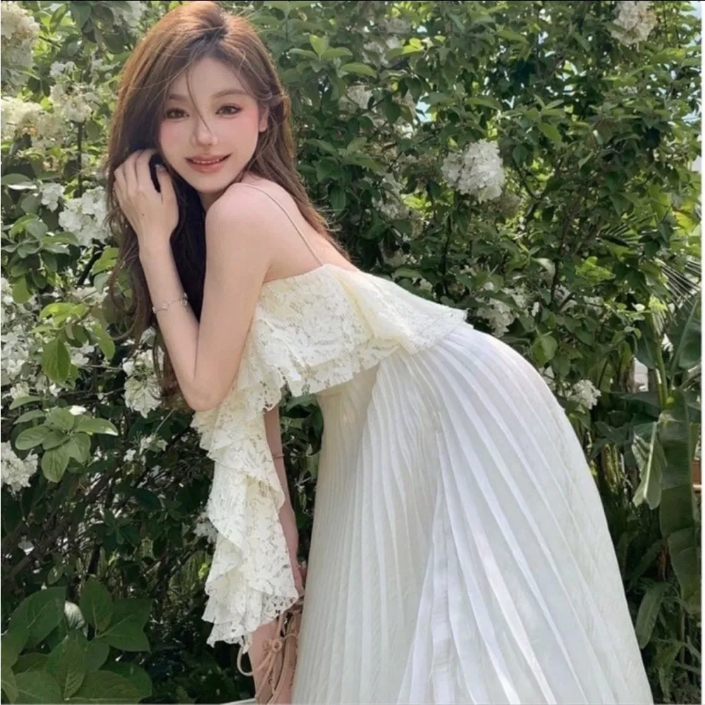 Japanese Cream Ivory Lace Ruffle Soft Chiffon Pleated Strap Maxi Dress - Image 3
