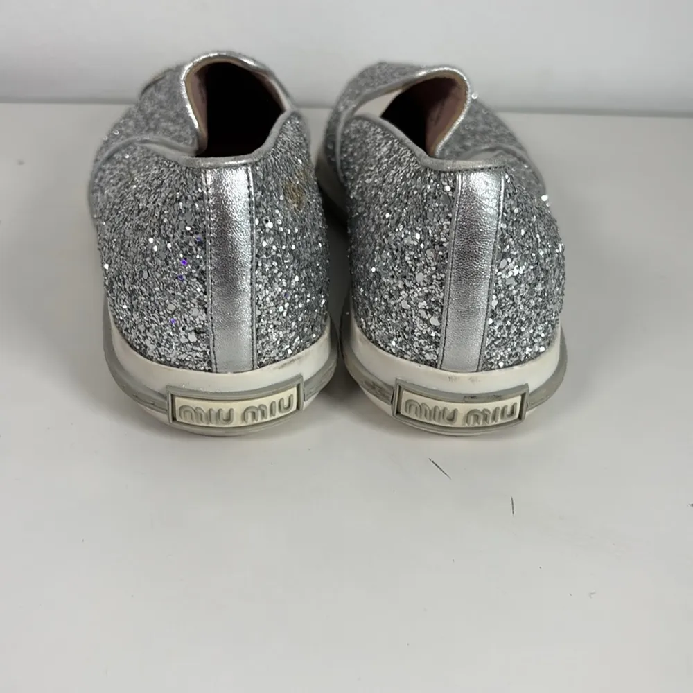 Miu Miu Silver Glitter Slip-On Shoes 37.5 - Image 6