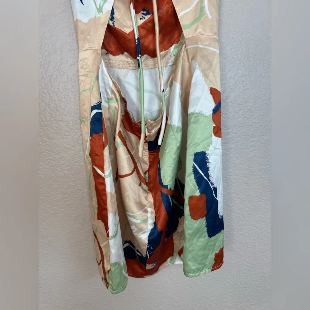 Emrata Inamorata Varick Slip Mini Dress size XS Tan Navy Green Multi - Image 9