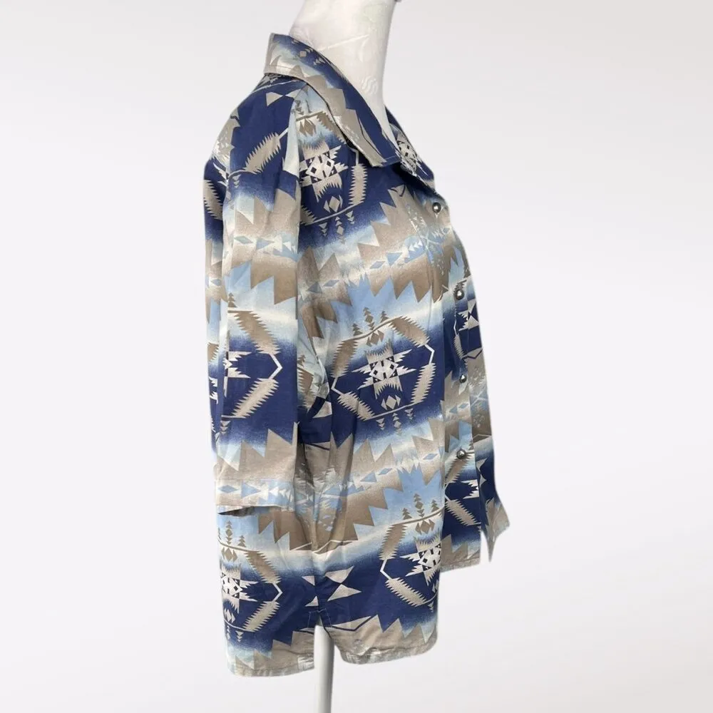 Roper Aztec Print Button Down Shirt Short Sleeve Size Large Blue - Image 6