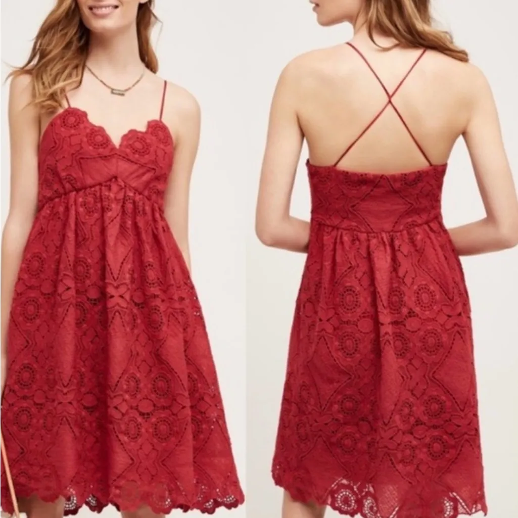 Maeve by Anthropologie Summer Moon Lace‎ Babydoll Dress Red Wine Bordeaux Size 4 - Image 2