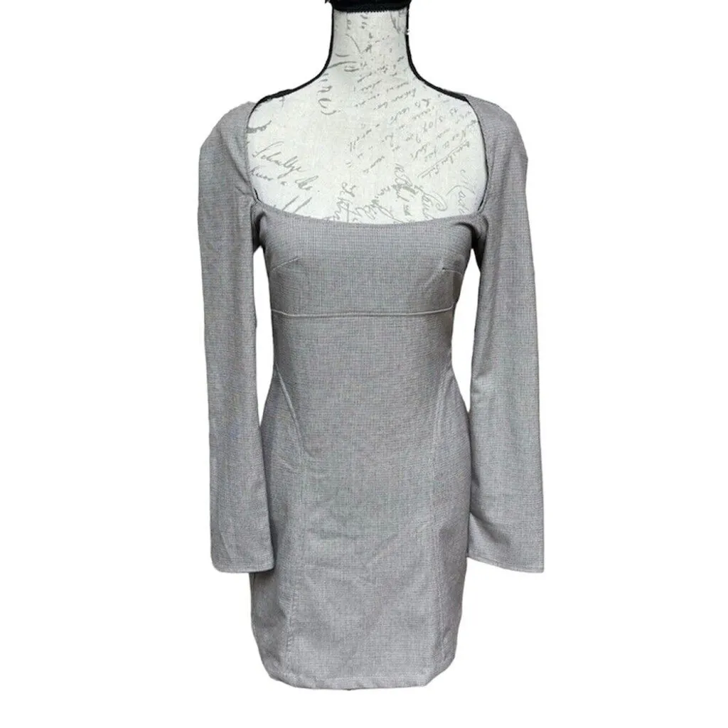 Zara Mini Shift Dress Brown Plaid Long Sleeve Square Neck Business Casual Sz M - Image 4