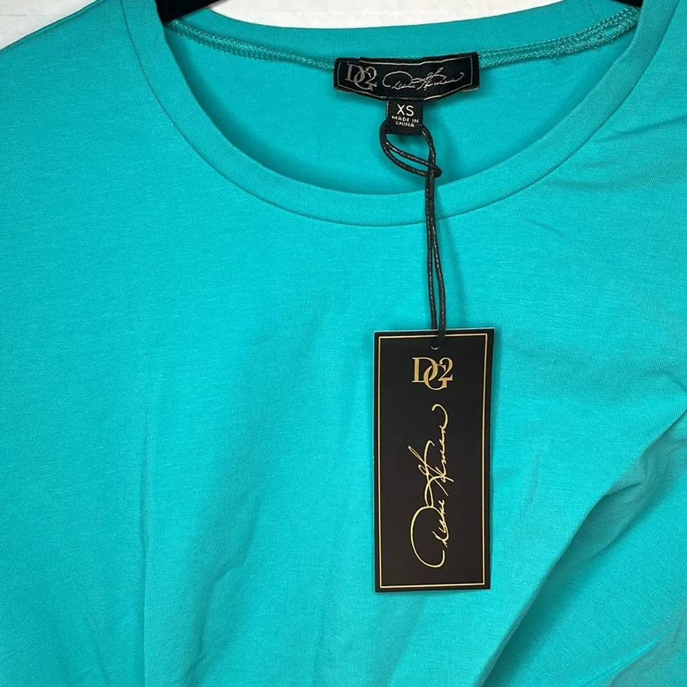 DG2 Diane Gilman Aqua Asymmetric Drape-Front Short Sleeve Stretch T Size XS New! - Image 6