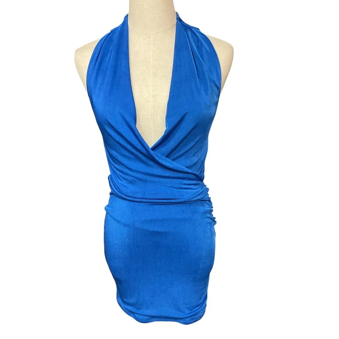 Silence + Noise Women's Antonia Plunging Halter Mini Dress Royal Blue‎ Size XS - Image 3