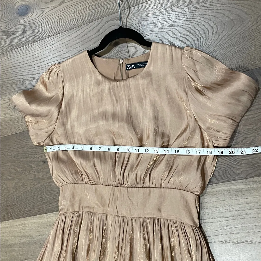 Zara Copper Satin Midi Dress Gold Shiny Fit And Flare Short Puff Sleeves Large - Image 12