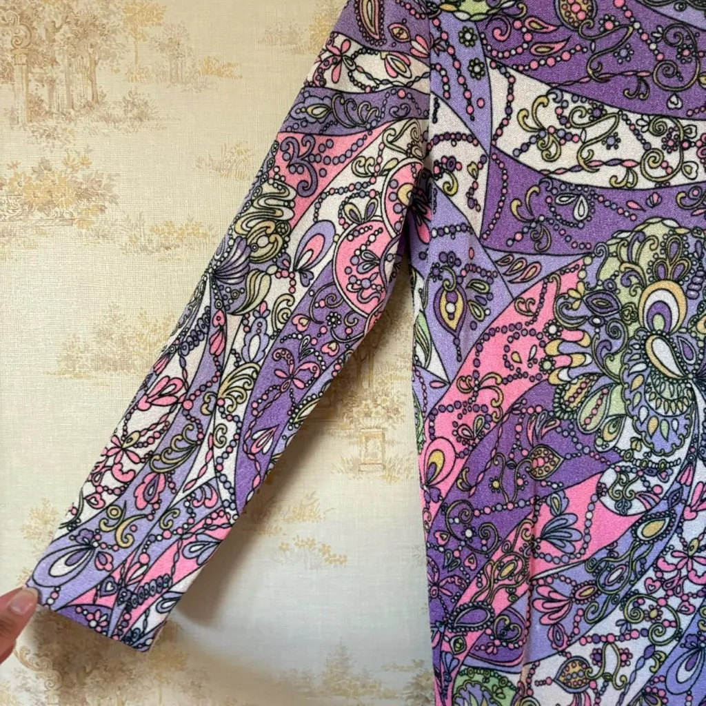 Vintage 60s 70s purple pink psychedelic paisley long sleeve retro top S/M Size M - Image 4