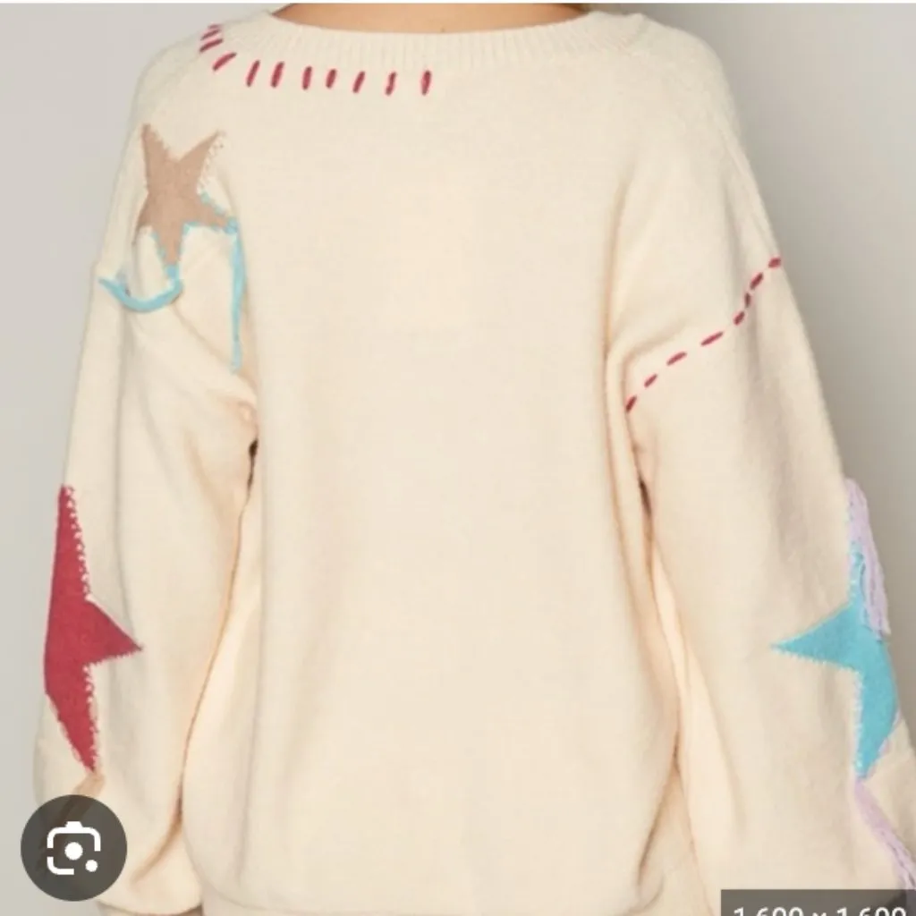 POL Patchwork Star Sweater - Beige V Neck Thick Knit Size Medium - Image 11
