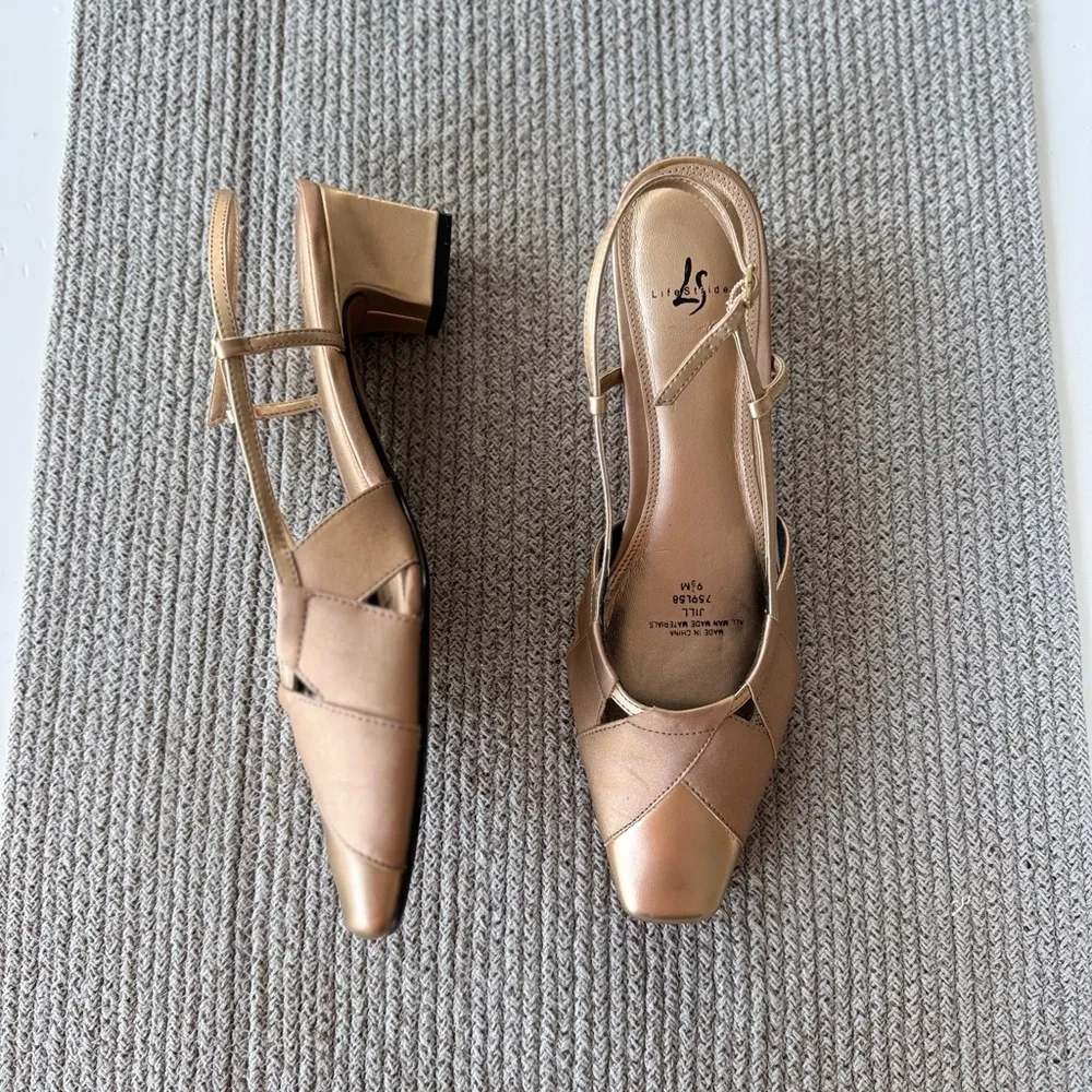 Vintage LifeStride Gold Square Toe Slingback Block Heel Shoes Pumps Size 9.5 - Image 9