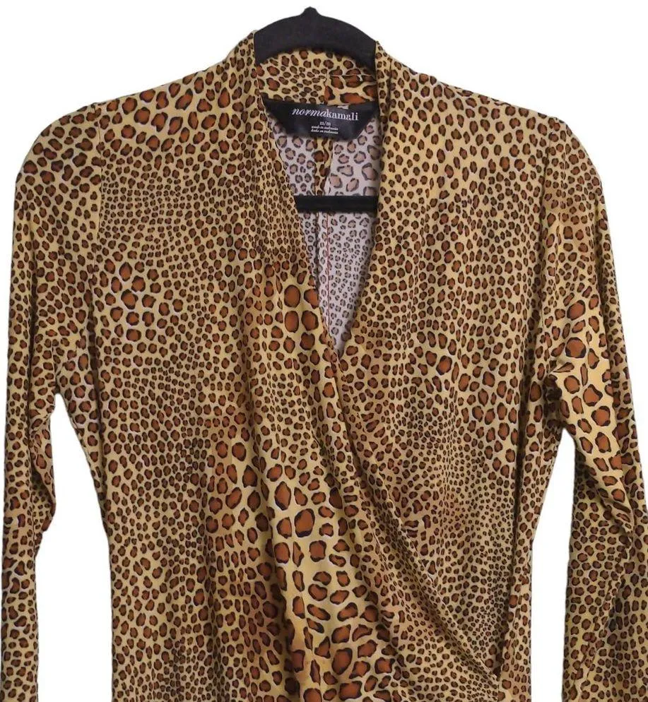 Norma Kamali Women Faux Wrap Dress Brown Leopard Print Ruched Midi Long Sleeve M - Image 3