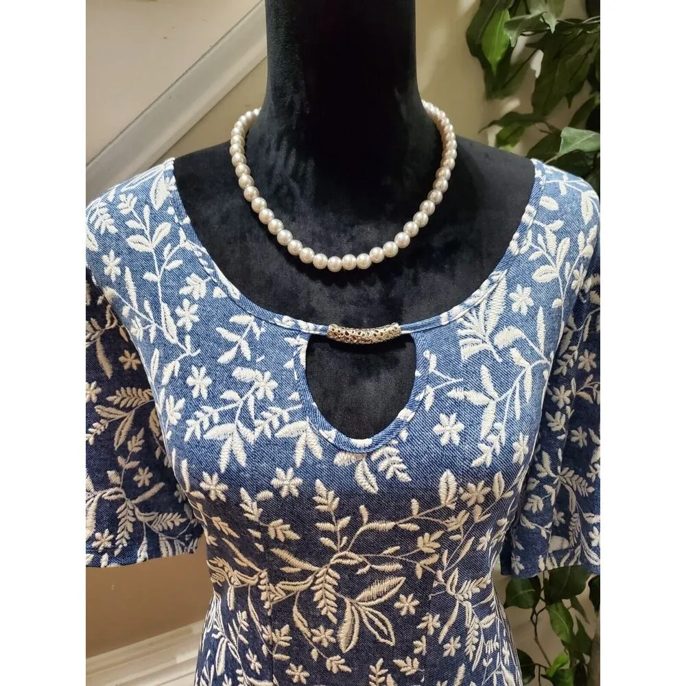 Perseption Concept Women Blue Floral Round Neck Half Sleeve Knee Length Dress L Size L - Image 2