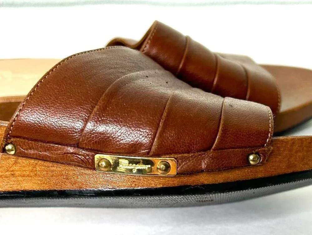 Salvatore Ferragamo Vintage Leather Wedge Slide Sandals in Tan Size 6.5 / 7 N - Image 8