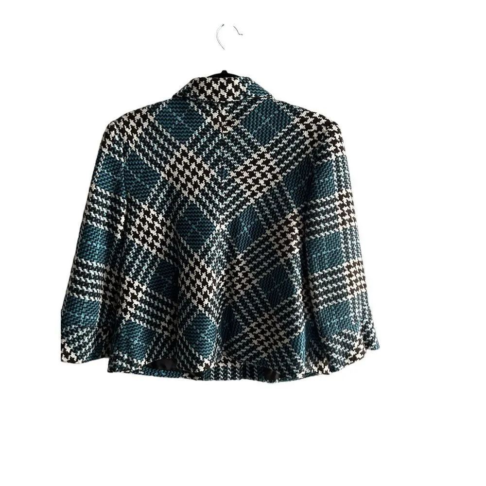 First Option LINED blazer JACKET teal blue WHITE & brown PLAID SIZE M Blue Size M - Image 2
