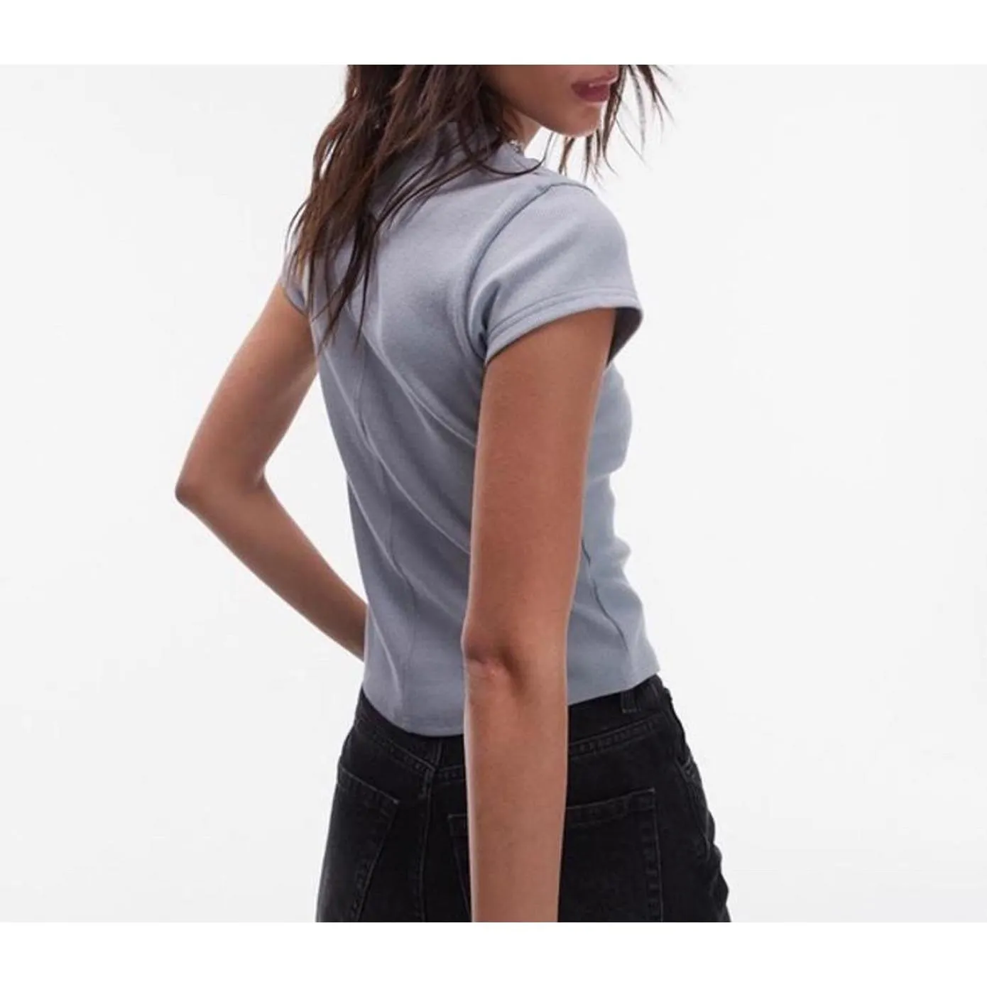 TopShop Cotton Blend Ribbed Curve Hem Fitted Baby Tee Blue NWT XS - Image 7