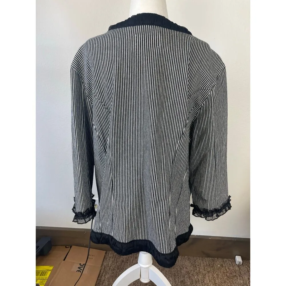 VTG AMI Blazer Jacket Black White Striped Ruffle 3/4 Sleeve Vintage Women's 1X - Image 7
