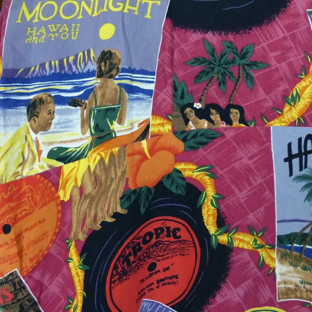 Reyn Spooner Y2K Hawaiian Novelty Printed Dress Womens L Red Rayon Records Aloha Size L - Image 7