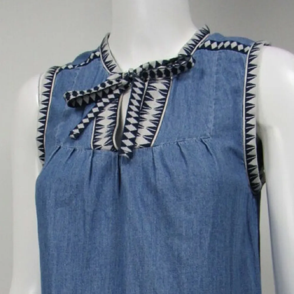 J CREW Washed Chambray Jacquard Print Trim Tie Neck Dress Size Small - Image 4