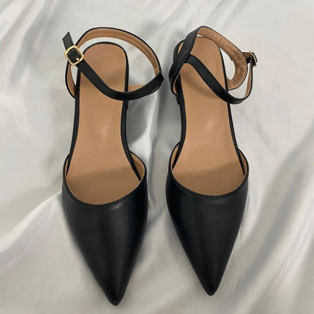 Coquette Black Faux Leather Pointy Toe Block Heel Sling Back Ballerina Heels 8.5 - Image 3