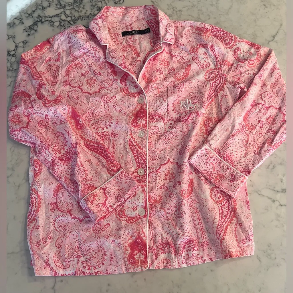 Women's Lauren Ralph Lauren black label pink embroidered paisley pajama top PM Size undefined - Image 8