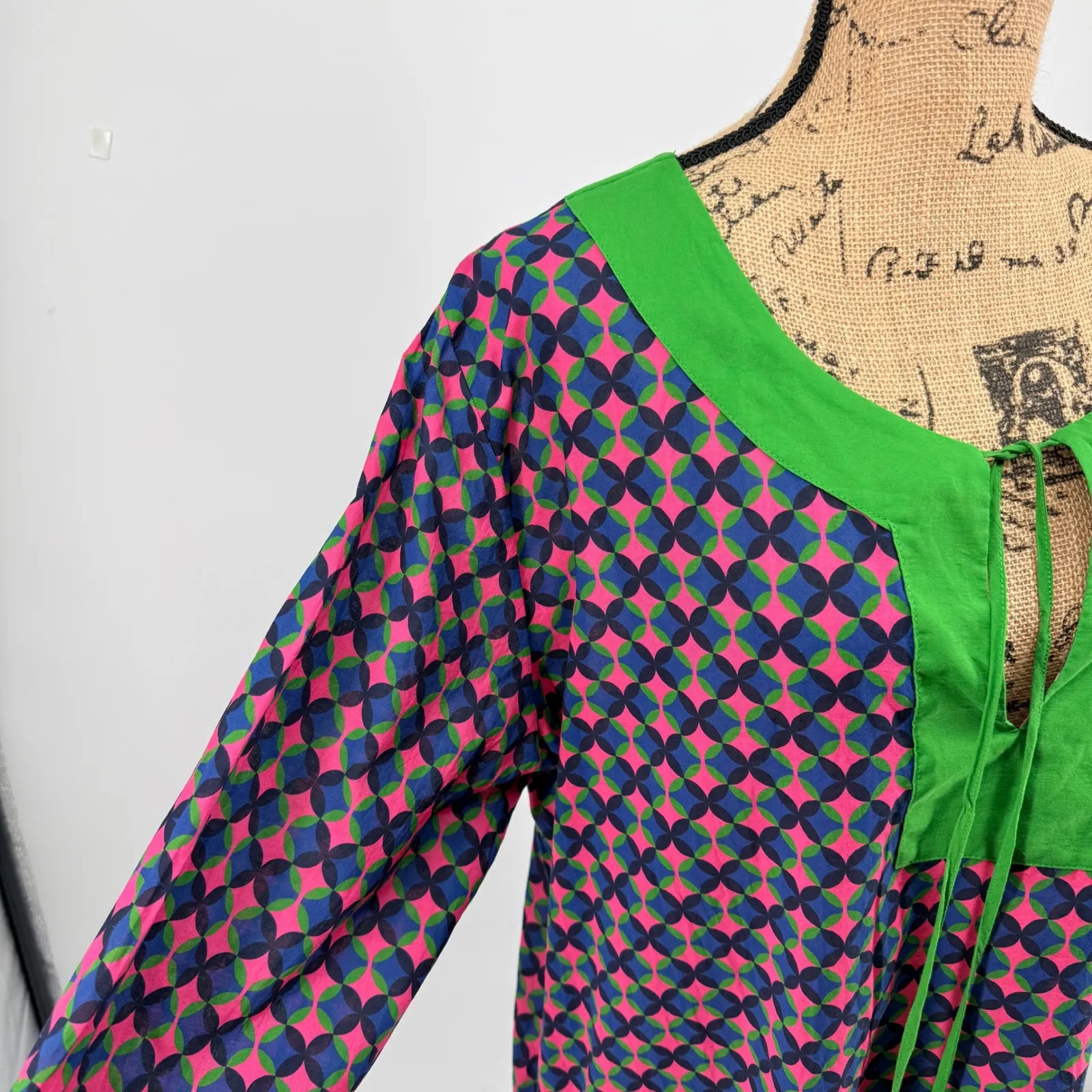 Kate Spade Geometric Print Tunic Swim Cover Up Green Pink Tassel L a Resortwear Size L - Image 3