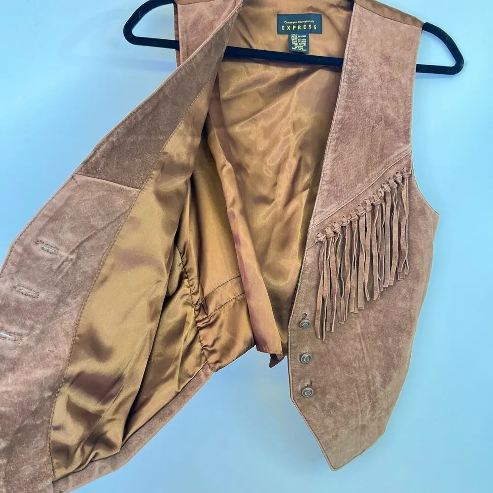 Express Vintage Brown Leather Fringe Vest 90s Western Festival One Size - Image 7