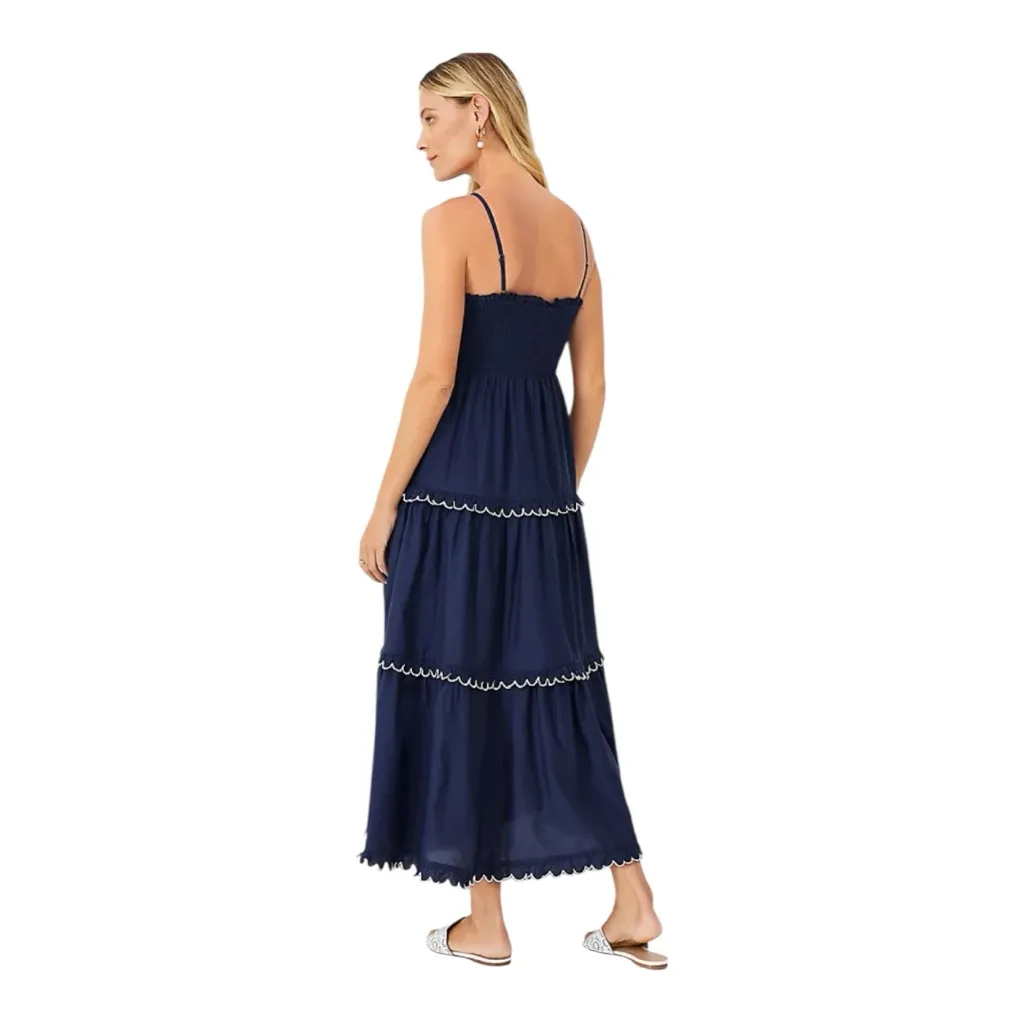 Ann Taylor Navy Smocked Scalloped Tiered Maxi Dress Sleeveless Cotton Blend | M - Image 4