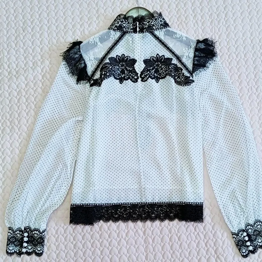 NWOT Womens Lace Embroidery Black Polka Dot Shirt Blouse Sz 3 Long Sleeve White - Image 6