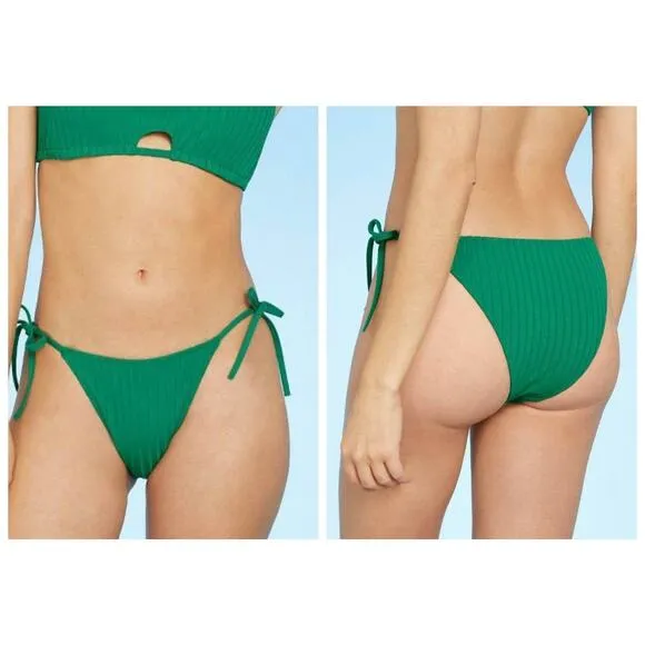 Shade & Shore Ribbed Side String Tie High Leg Extra Cheeky Bikini Bottom Medium - Image 2
